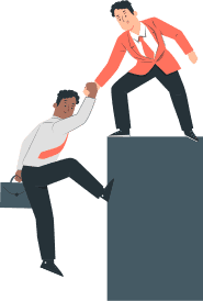 Illustration of one person helping another climb a step, symbolizing lifelong mentorship