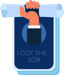 Animated image of a candidate celebrating job placement with 'I got the job' sign